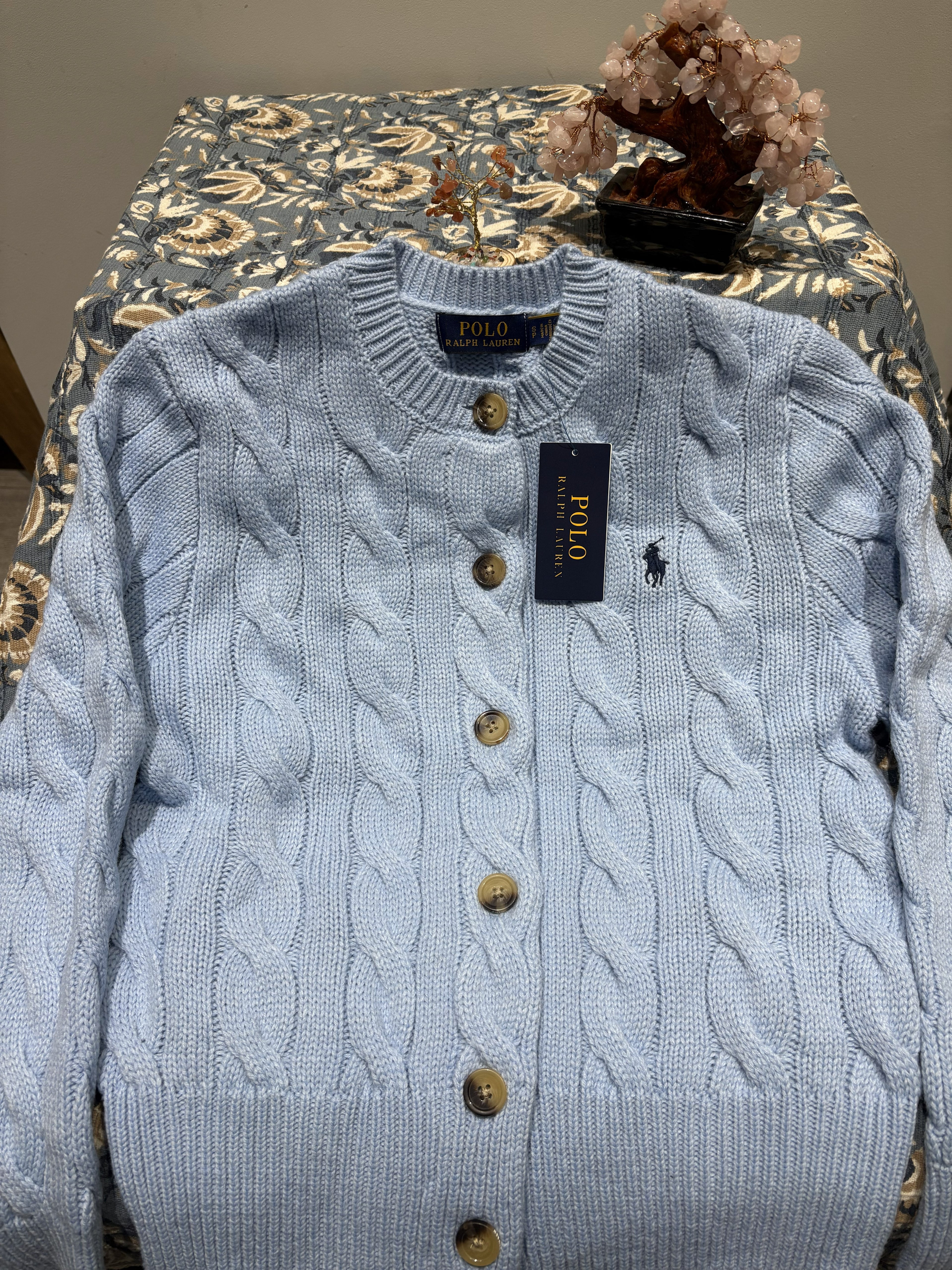 RL Cable Knit Cardigan - Light Blue