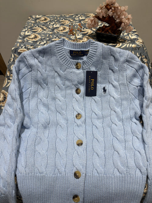 RL Cable Knit Cardigan - Light Blue