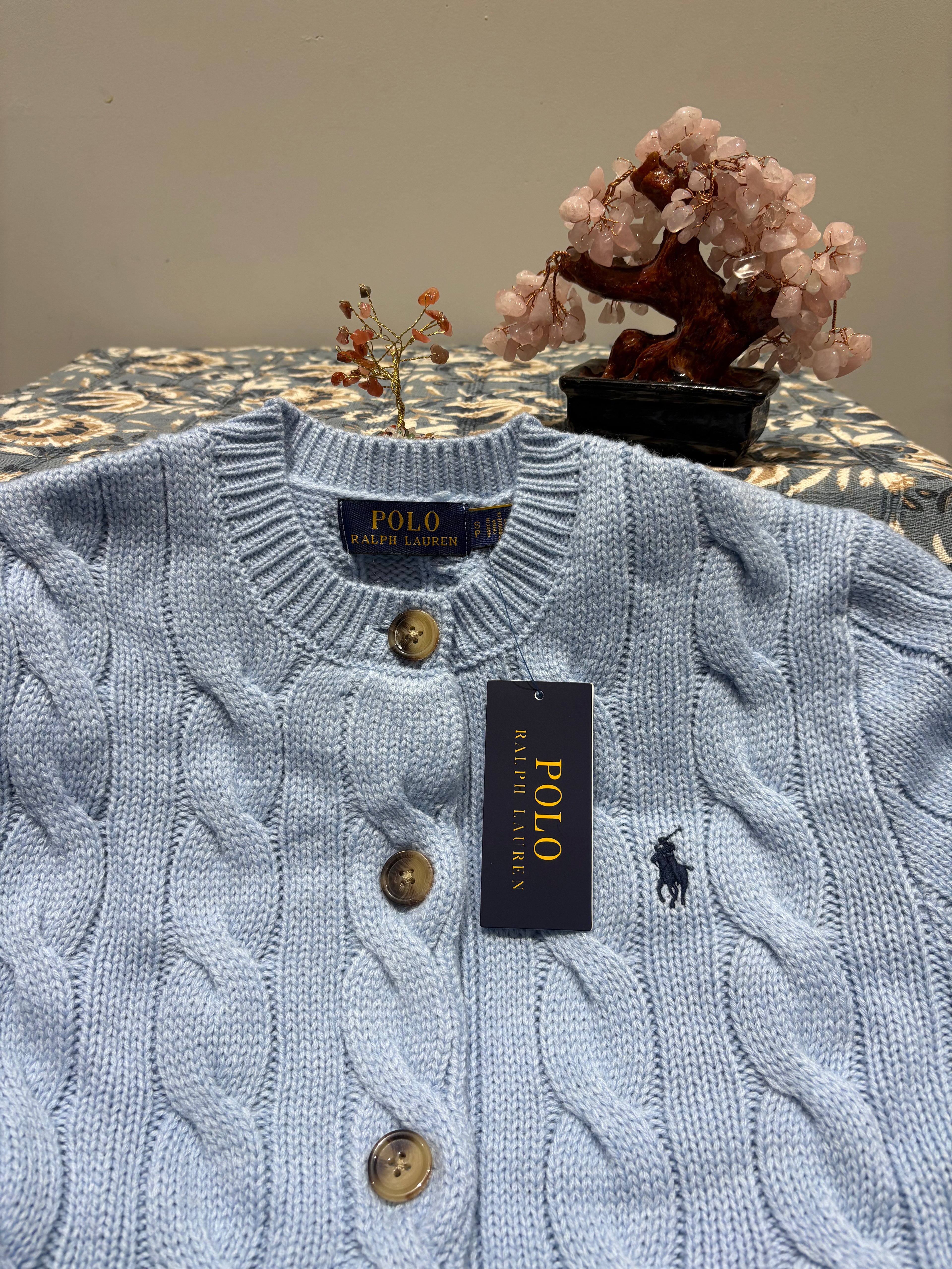 RL Cable Knit Cardigan - Light Blue