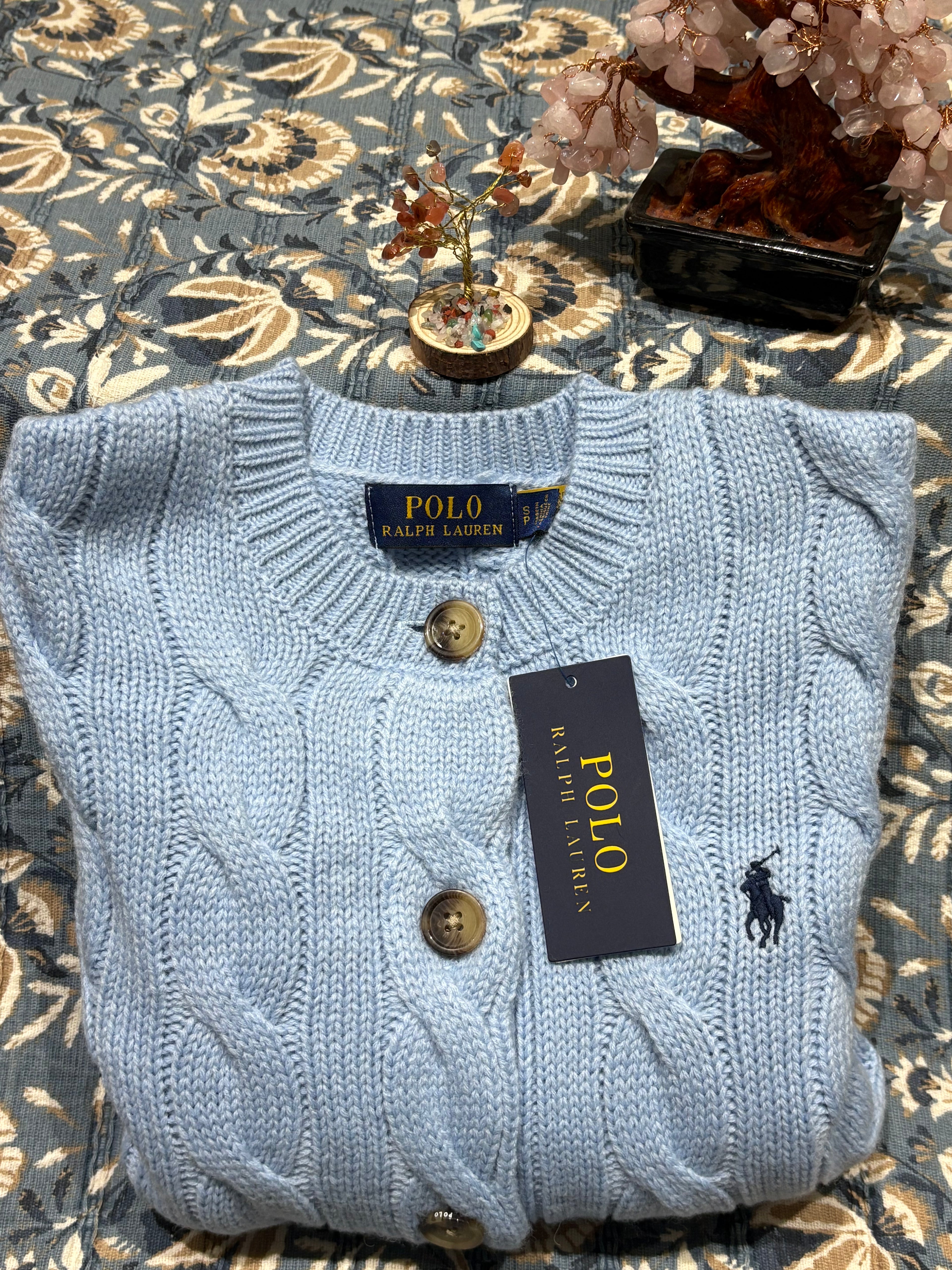 RL Cable Knit Cardigan - Light Blue